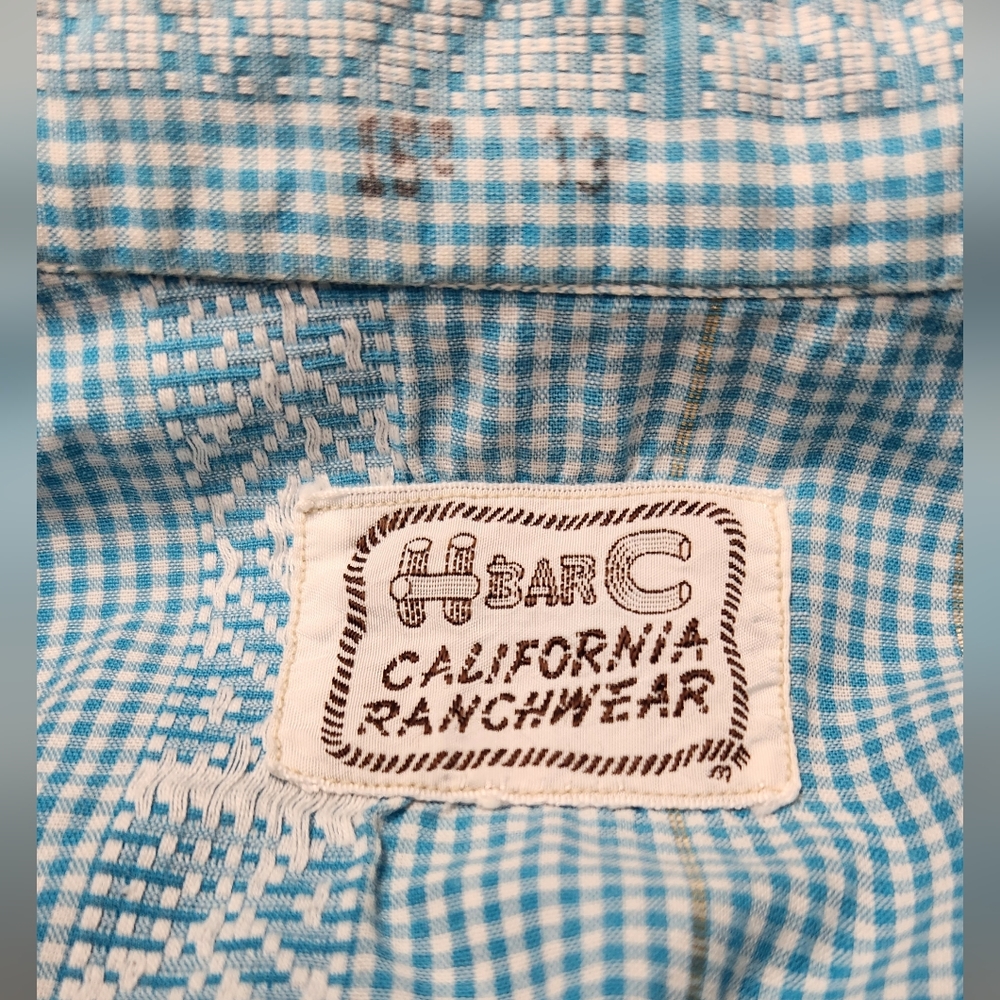 Vintage H Bar C 50s Men's Cotton Gingham Check Pearl Snap Long Sleeve 15.5 - 33 - Picture 6 of 10